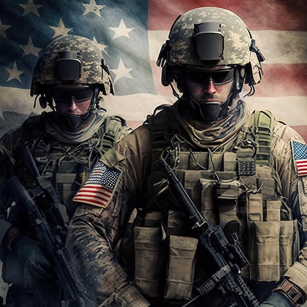 Two soldiers in front of a flag that says u s army