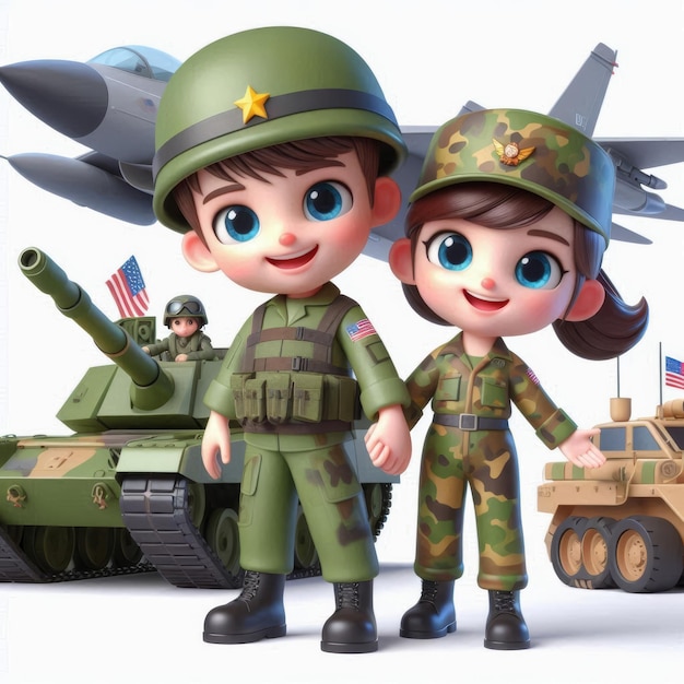 Photo two soldiers posing with a military plane and a plane in the background