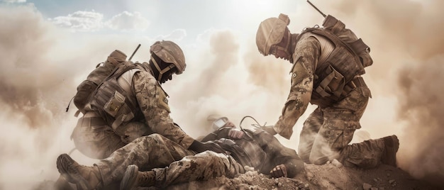 Two soldiers in a sandy battlefield attend to an injured comrade dust swirling around them as they perform emergency aid under a bright sun