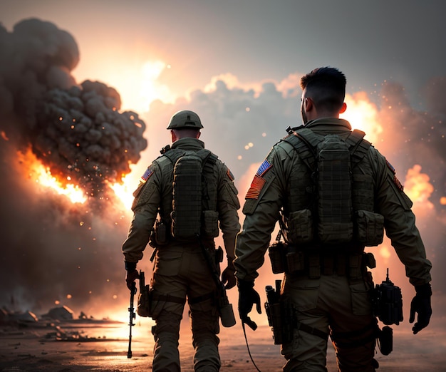 Two soldiers in uniform with the words " battlefield 4 " on the back.