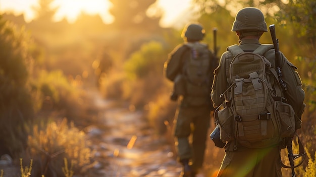 Two soldiers walking along a dirt road during sunset