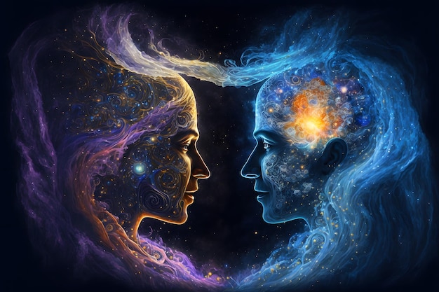 Two souls talking in the astral realm of the multiverse Stars of the galaxy and planets inside the mind Portrait relationship and love