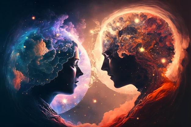 Two souls talking in the astral realm of the multiverse Stars of the galaxy and planets inside the mind Portrait relationship and love