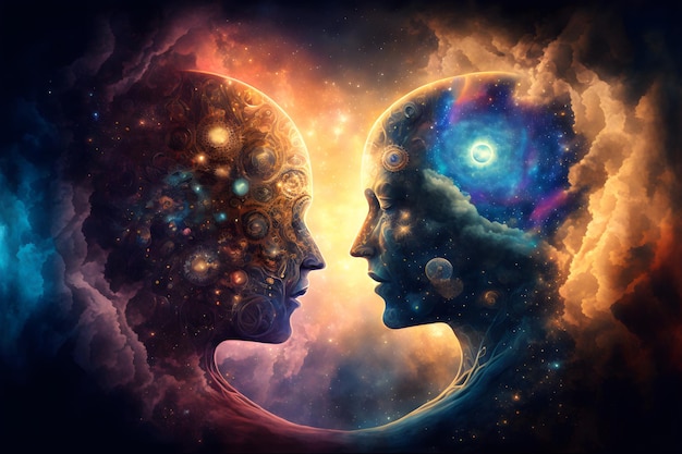 Two souls talking in the astral realm of the multiverse Stars of the galaxy and planets inside the mind Portrait relationship and love