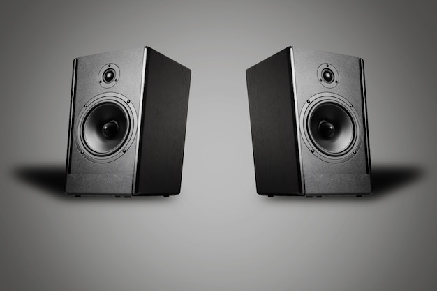 Two sound speakers on a gray background