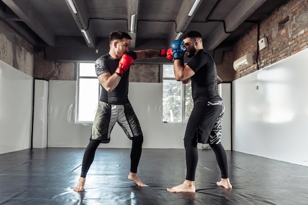 Photo two sparring partners of a kickboxer in boxing gloves practice kicks in a sports hall