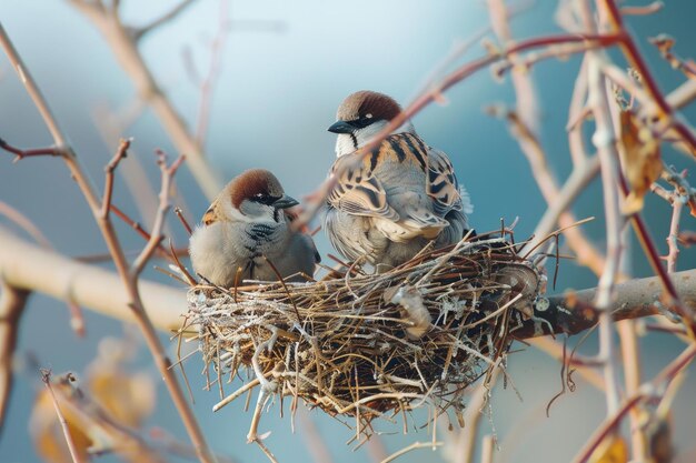 Photo two sparrows sitting on a cozy nest in a tree branch