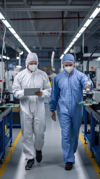 Two Specialists in Sterile Suits Walking In Electronics Factory Research Center