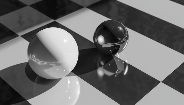 Photo two spherical objects positioned on a black and white checkerboard surface in soft light