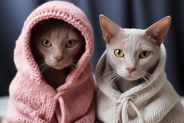 Two Sphynx cats in knitted woolen clothes sit next to each other on black background copy space