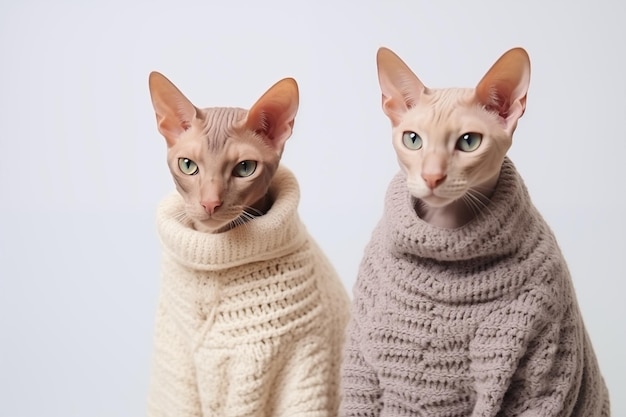 Two Sphynx cats in knitted woolen clothes sit next to each other on a white background copy space