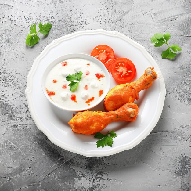 Photo two spicy roasted chicken drumsticks with tomato slices raita and parsley on a white plate