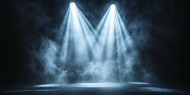 Photo two spotlights illuminate a smoky stage