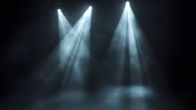 Photo two spotlights illuminating a dark smoky stage