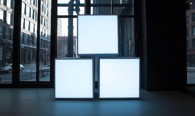 Photo two square cubes are shown in front of a window