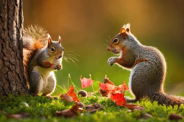 Photo two squirrels are in the grass one of them has a nut on his head