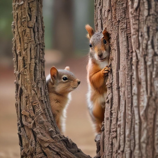 Photo two squirrels are looking through a hole in a tree