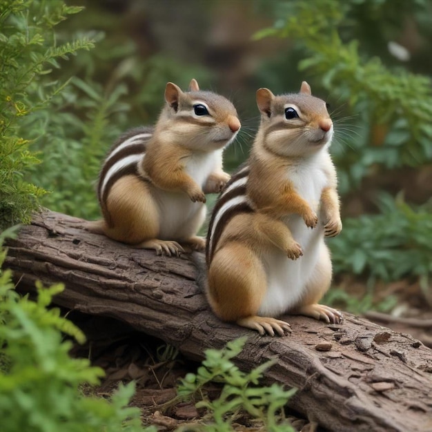 two squirrels are sitting on a log and one has a striped tail