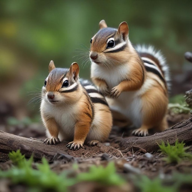 Photo two squirrels are sitting on a log and one is sitting on the ground