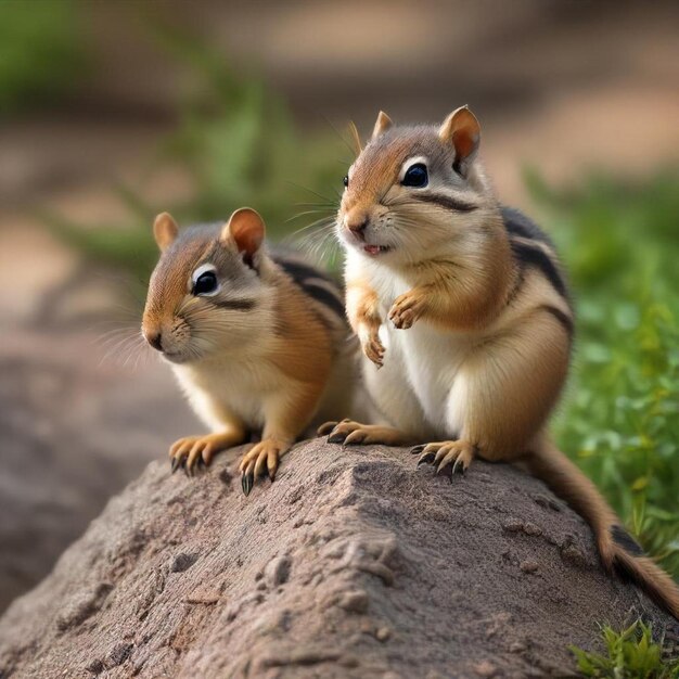 two squirrels are sitting on a rock and one is holding a small one