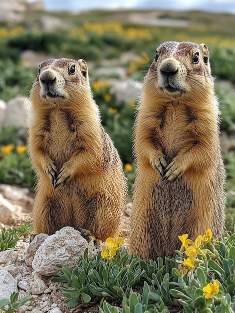 Photo two squirrels are standing on rocks and one has the word  on it