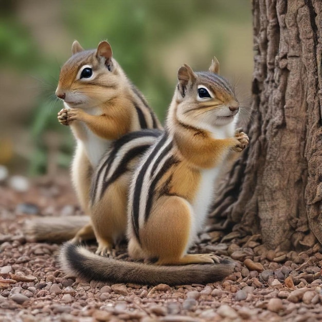 Photo two squirrels are standing next to a tree and one is eating something