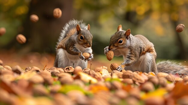 Photo two squirrels feasting on nuts in autumn