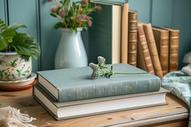 Two stacked books with flower on a wooden table