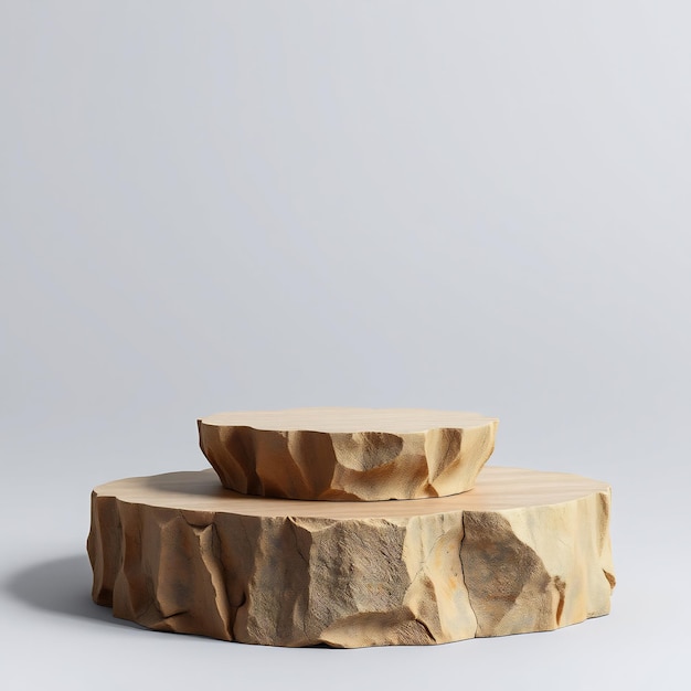 Two stacked wooden podiums shaped like rocks against a white background