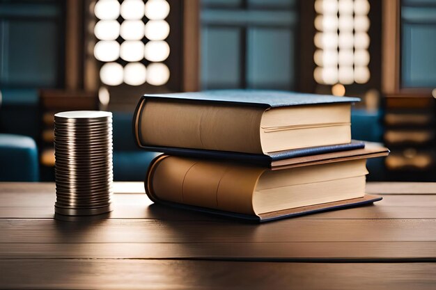 Two stacks of coins on a table with a blue couch in the background.