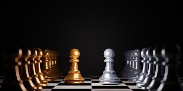 Two Stand of golden and silver pawn chess with team Winner of business alliance and marketing strategy planing concept by 3d render