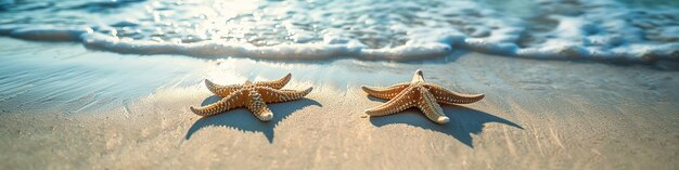 Photo two starfish on a soft white sand beach