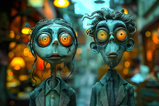 Photo two statues of alien and a man with eye glasses