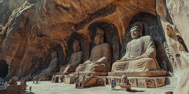 two statues of buddha are in front of a stone wall