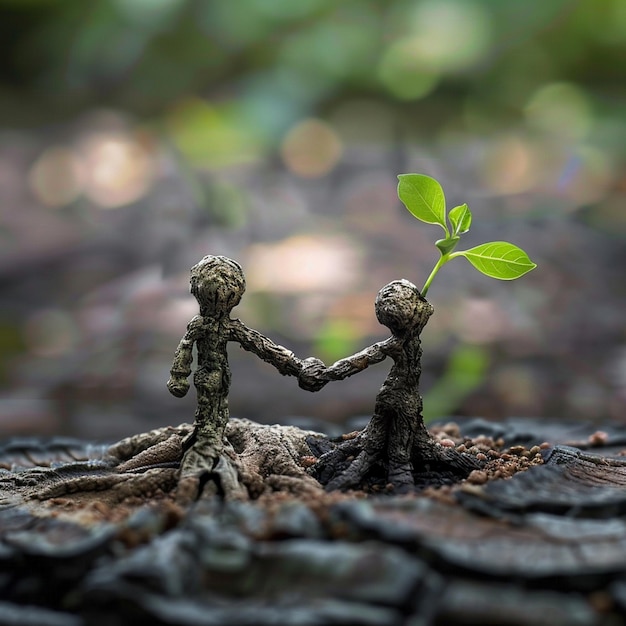 Photo two statues holding hands with one holding a plant in the middle of the ground