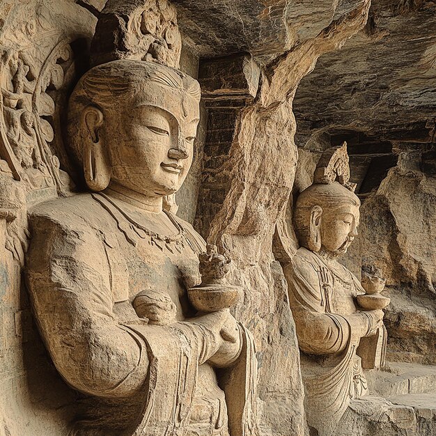 Photo two statues of two buddhas are on a stone wall