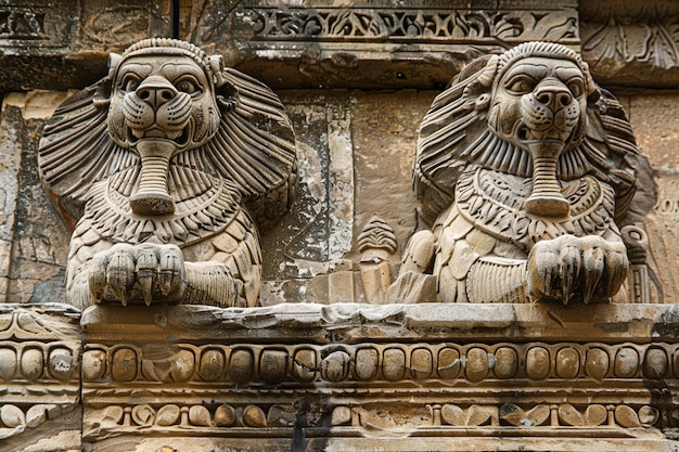 two statues of two lions with a cup and two other gargoyles on top of them