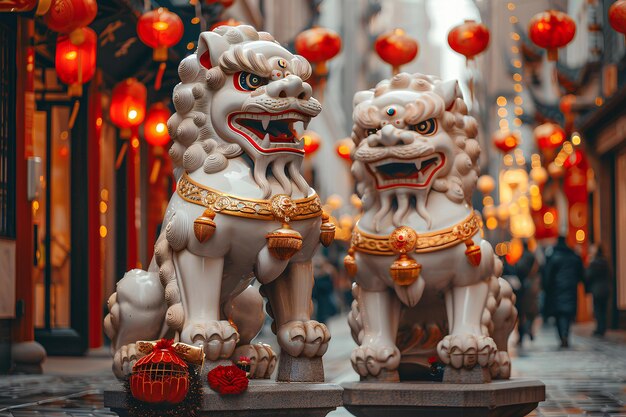 Photo two statues with chinese lanterns on them and one with a red ball in the middle