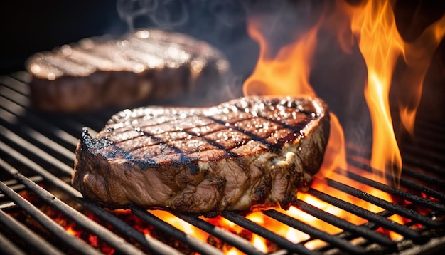 Two steaks on a grill with flames