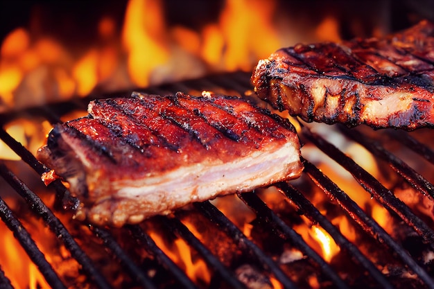 Two steaks on a grill with the word meat on it