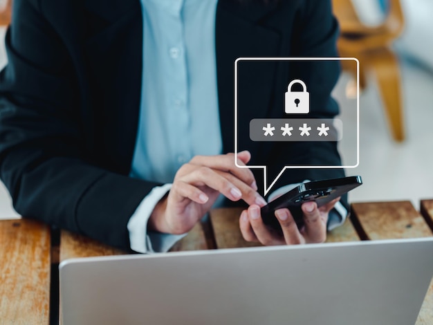 Two steps authentication 2FA concept 2023 Padlock and passcode code showing on smart phone in business person's hands for validate password Identity verification cyber security technology
