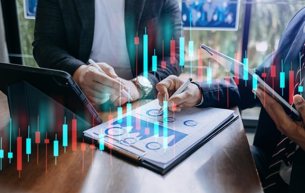 Two stock traiders making analysis of digital market and investment in block chain crypto currency Stock trade concept xA