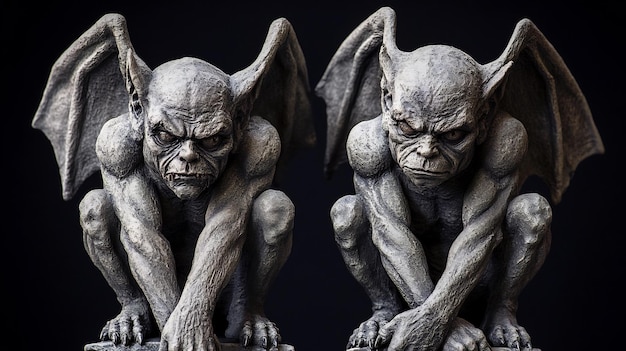 Photo two stone gargoyles guarding a dark corner