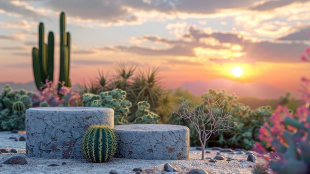 Photo two stone podiums in a desert landscape with a sunset in the background