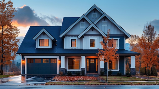 Two story blue house with autumn leaves and garage door