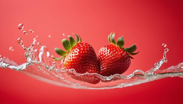 Photo two strawberries are in a clear bowl with water splashing