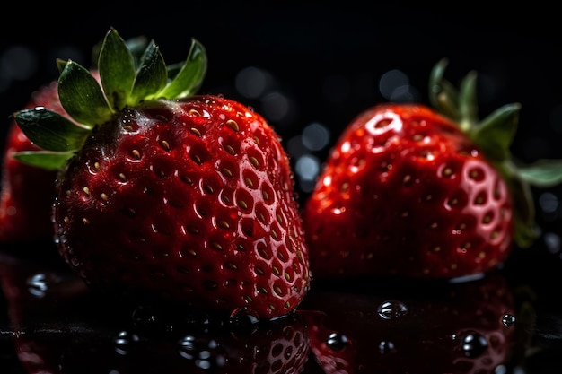 Two strawberries on a black background with the word strawberry on the top.