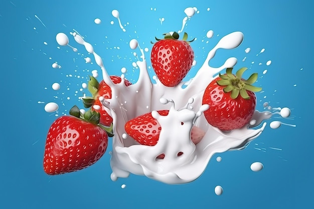 Two strawberries falling into milk splash isolated on blue background