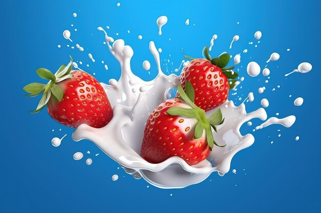 Two strawberries falling into milk splash isolated on blue background