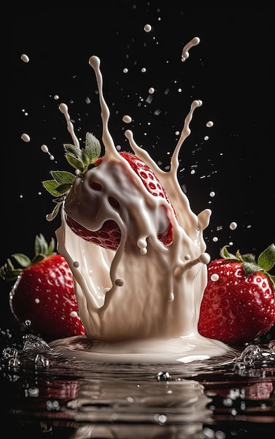 Two strawberries falling into milk